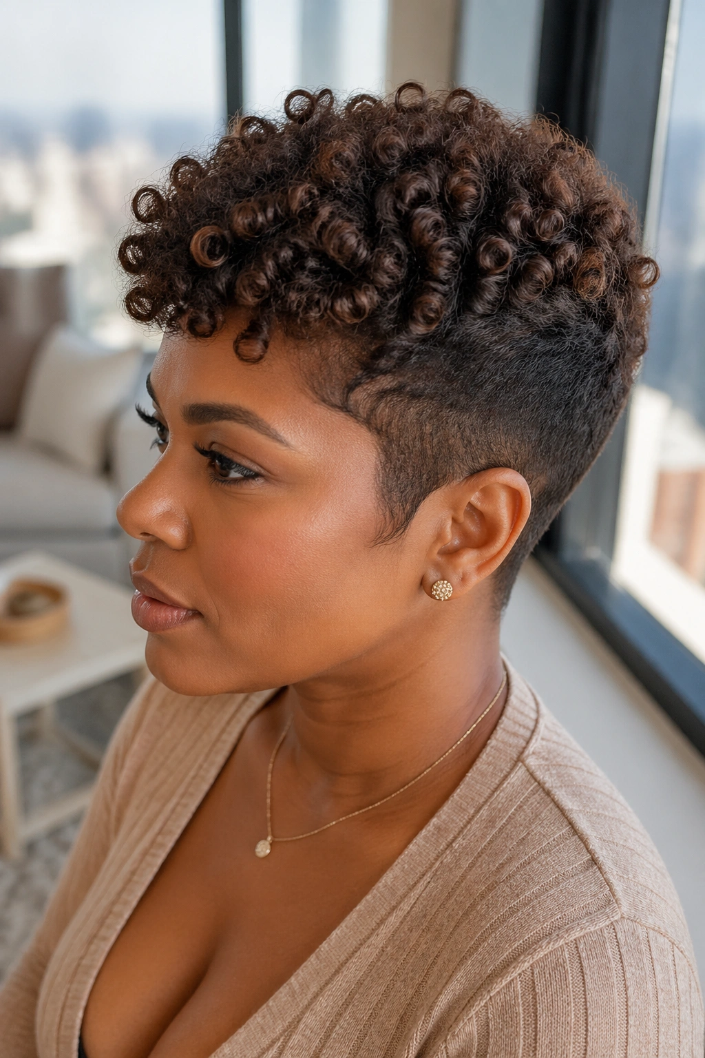 Close-up portrait of a real person with a short curly crochet pixie and tapered sides