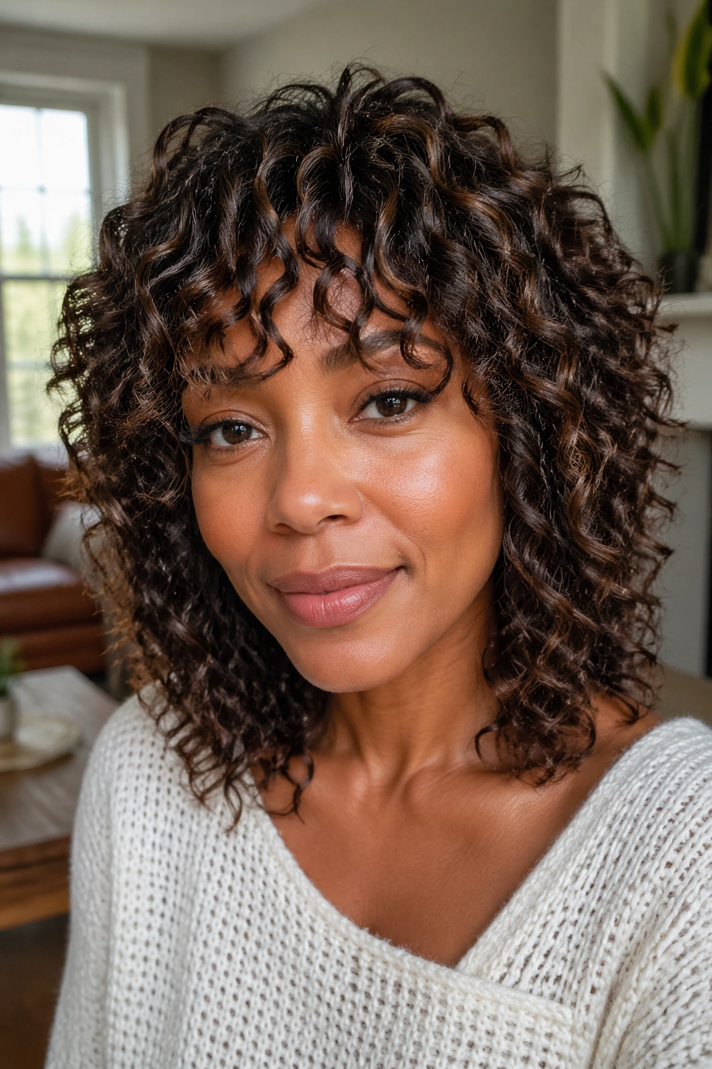 Close-up portrait of a real person with shoulder-skimming layered crochet shag