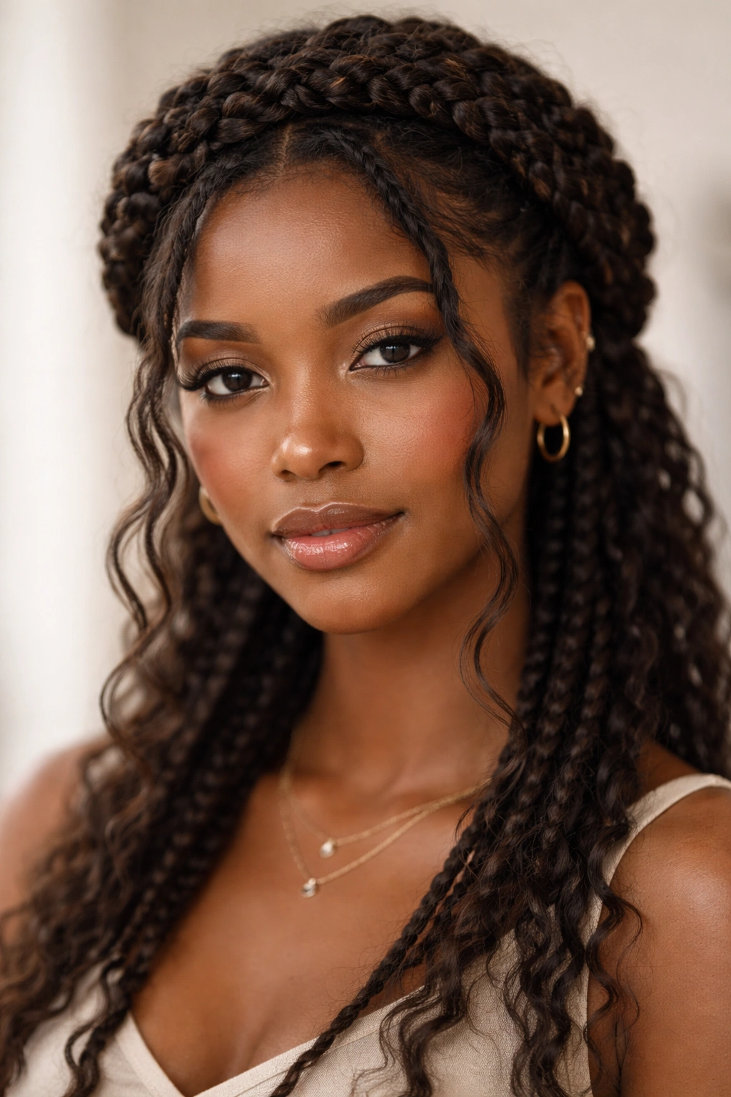 Crown boho braids wrapping around head with face-framing curls
