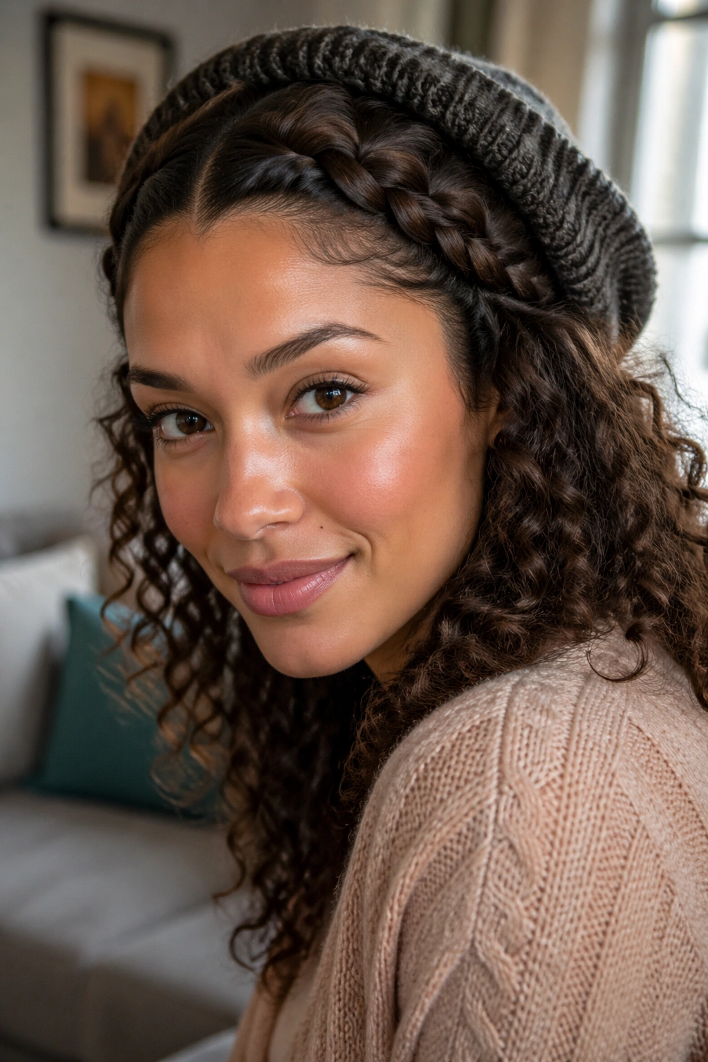 Real woman with crown braid along the front and loose curls beneath a beanie.