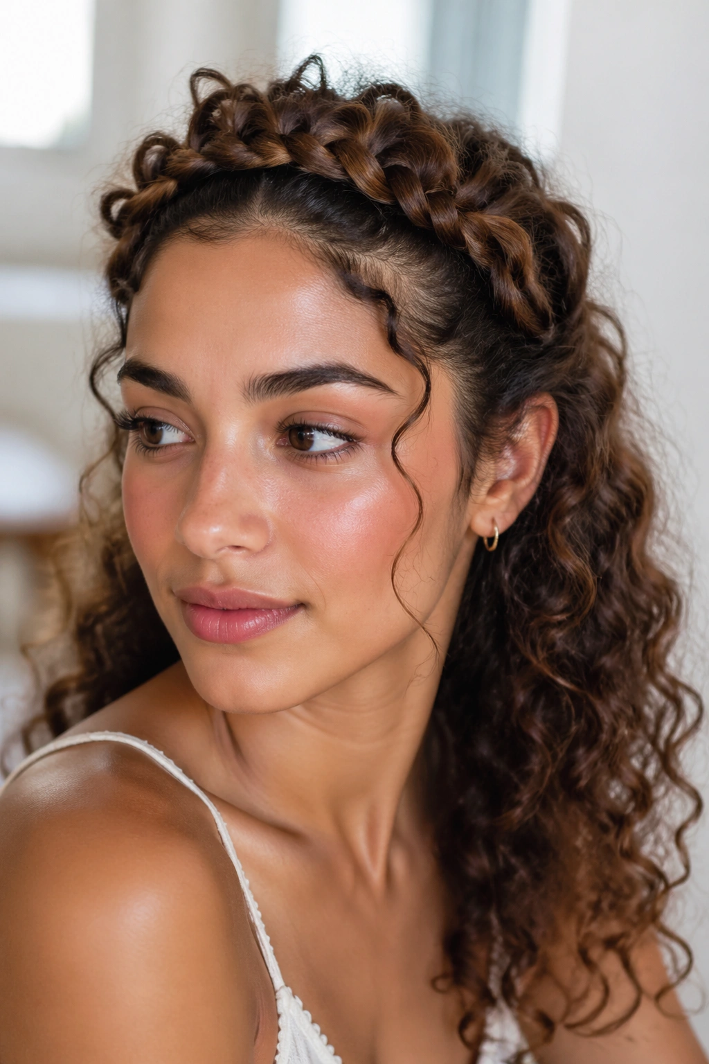 Close-up front/side view of real person with crown braid