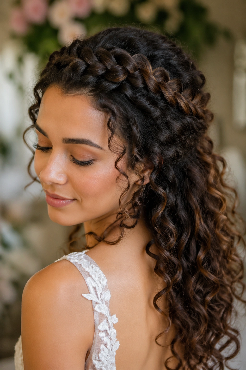 Close-up of a bride with a crown braid and curly cascade