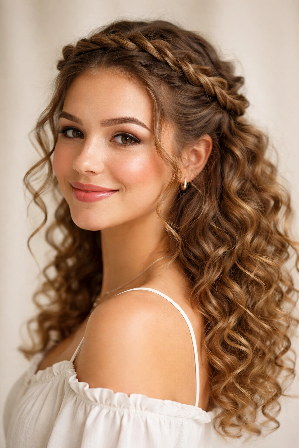 Crown braid along the hairline with free curls visible in the back