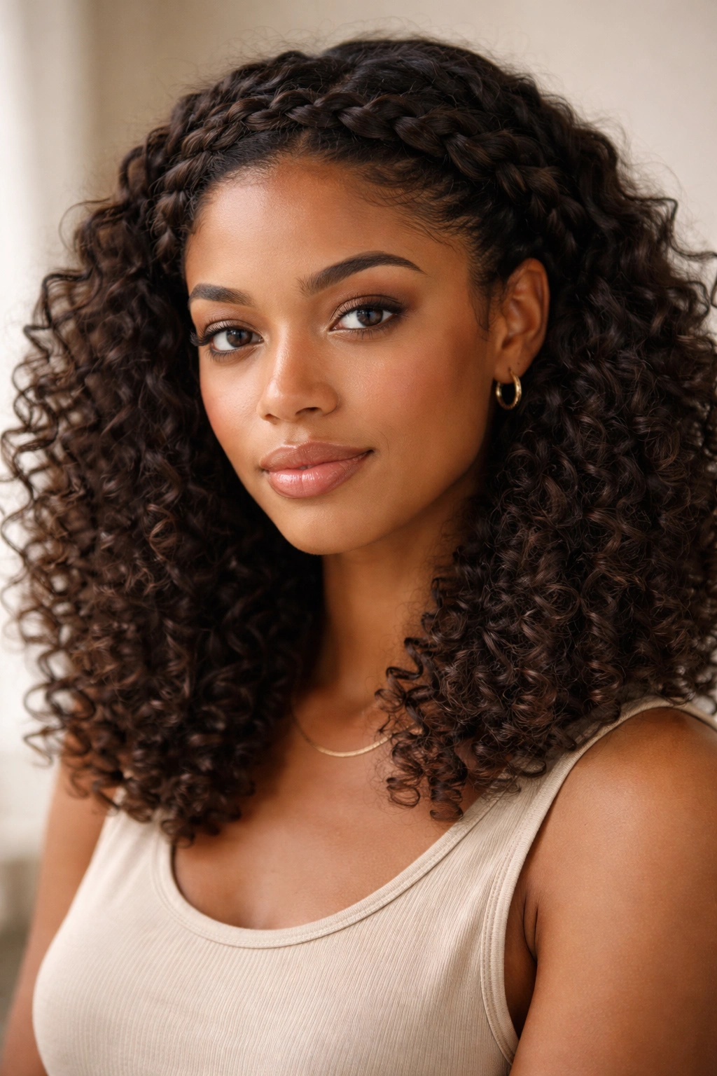 Close-up view of a crown braid hiding frizz on natural curls