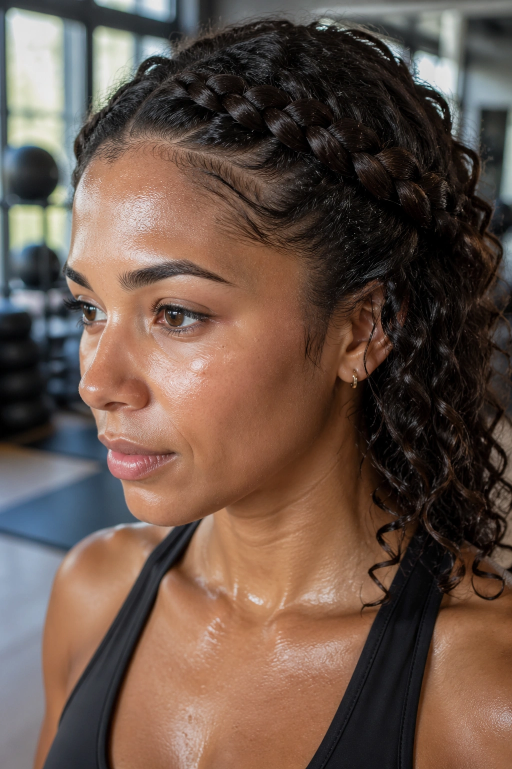 Close-up real woman with crown braid around head in gym setting.