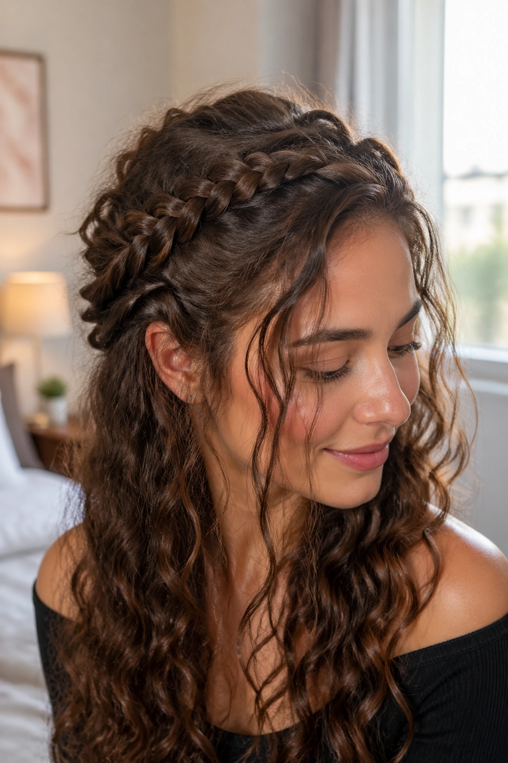 Close-up portrait of a real woman with crown braid half-up and loose face pieces in natural light