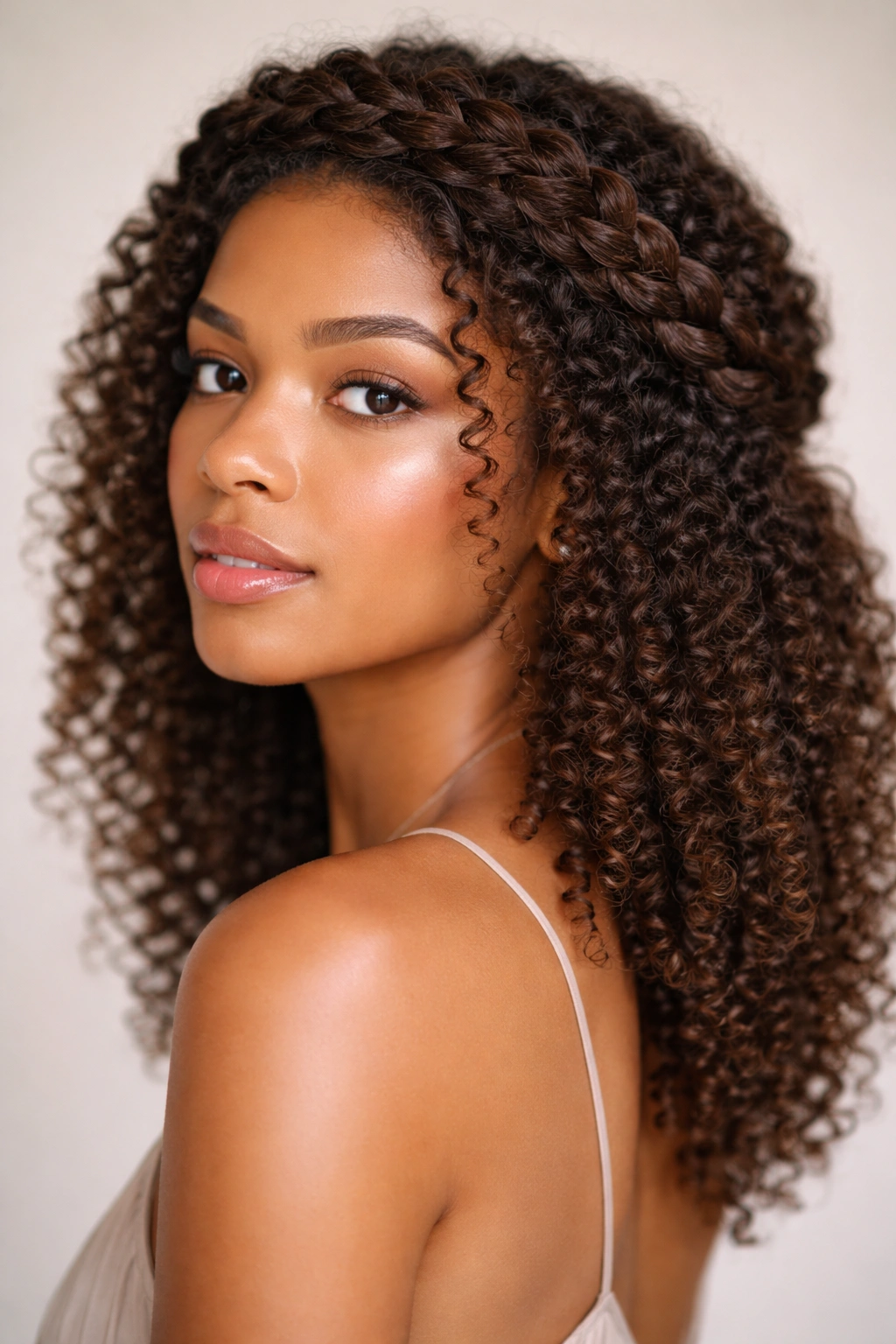 Halo crown braid around head with curly texture visible