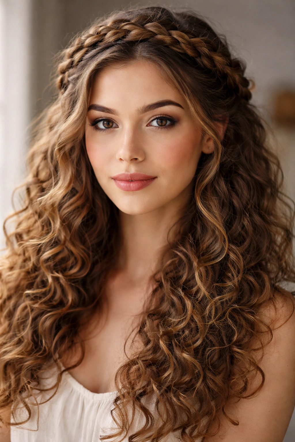Close-up of crown braid halo framing long curly hair