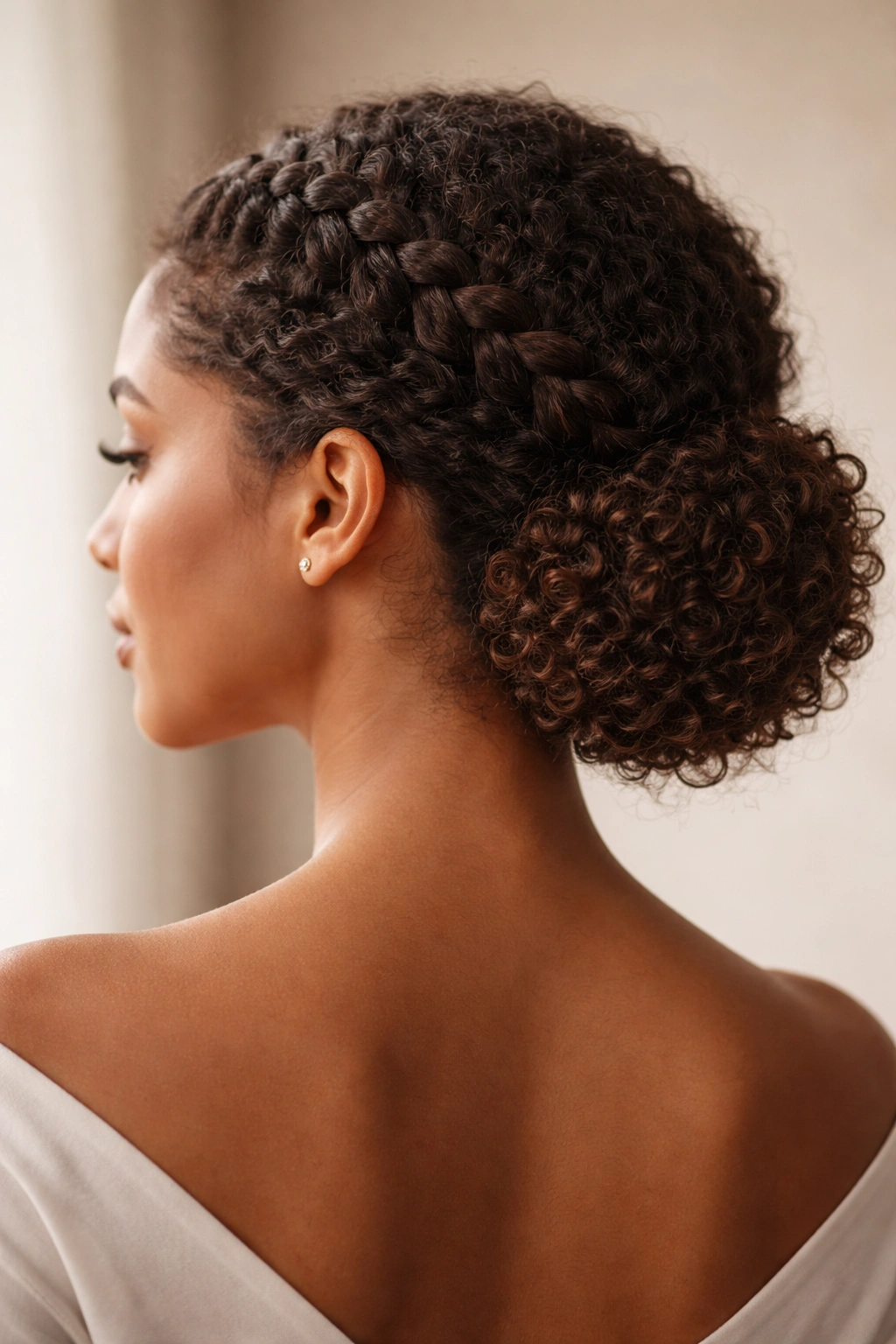 Close-up of crown braid transitioning to a low bun at the nape, highlighting natural curls
