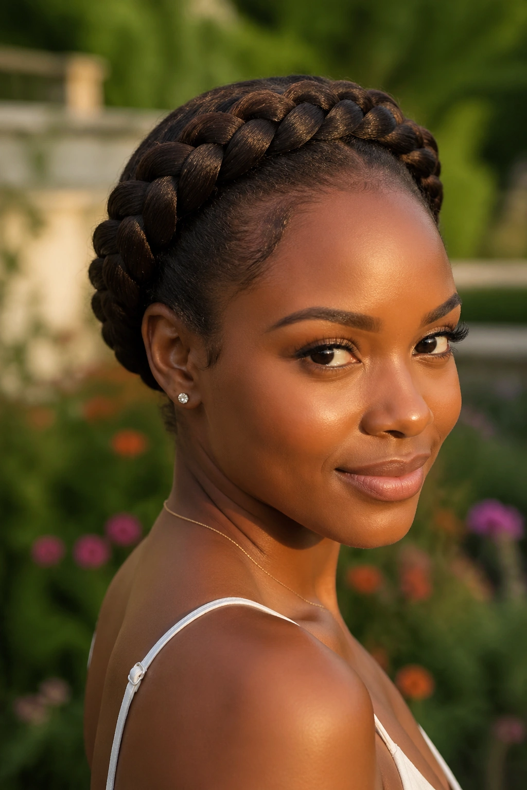 Close-up of a real woman wearing a crown braid halo