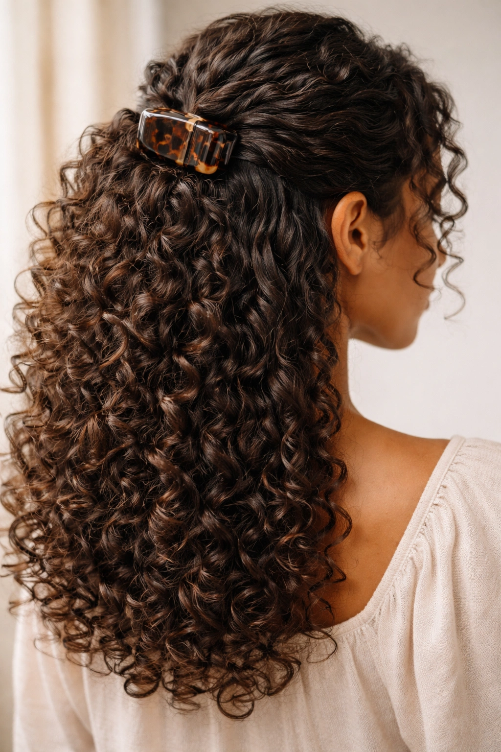 Close-up of a claw clip lifting the crown of natural curls with the rest flowing