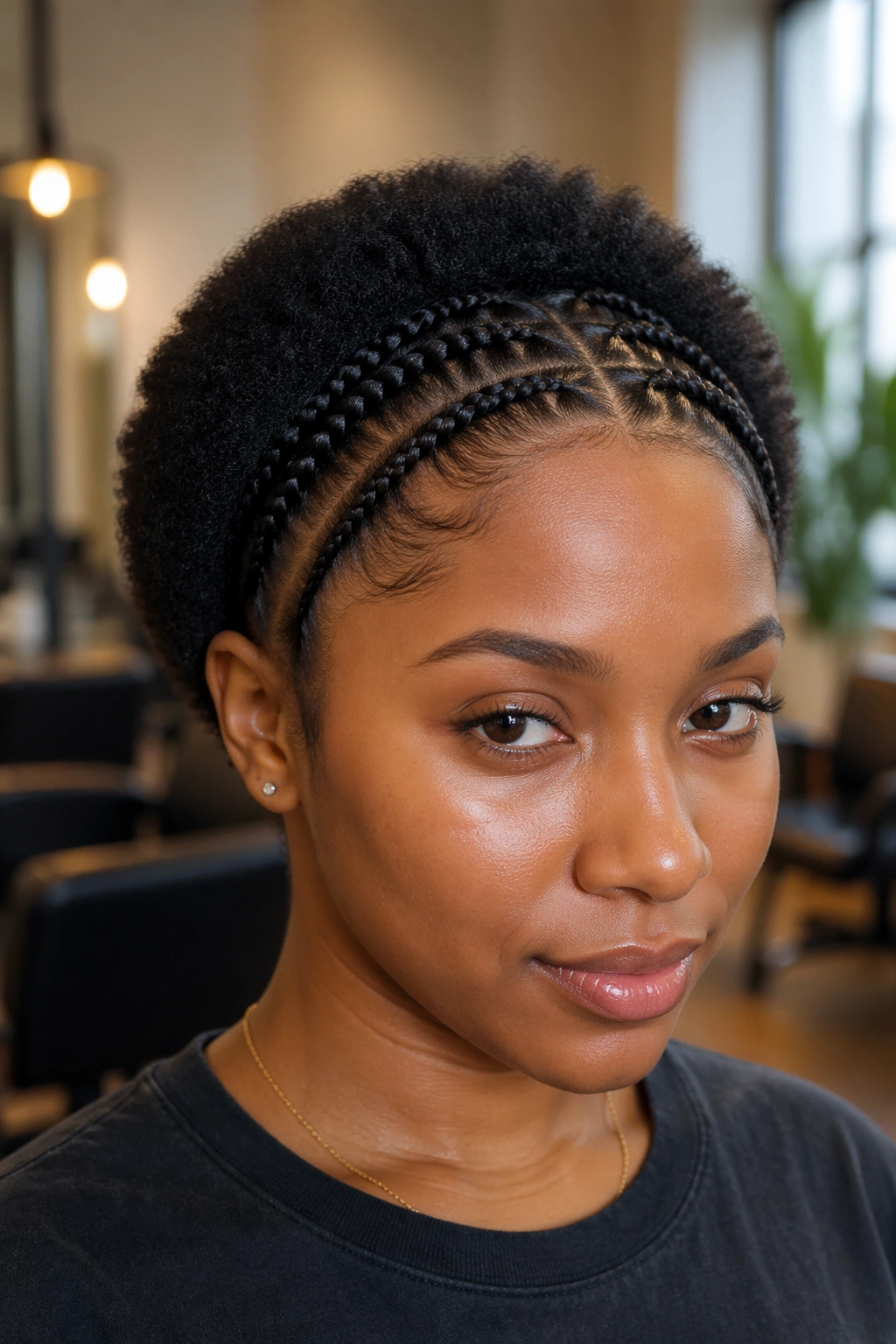 Close-up of a real woman’s tiny afro with crown cornrows framing her face