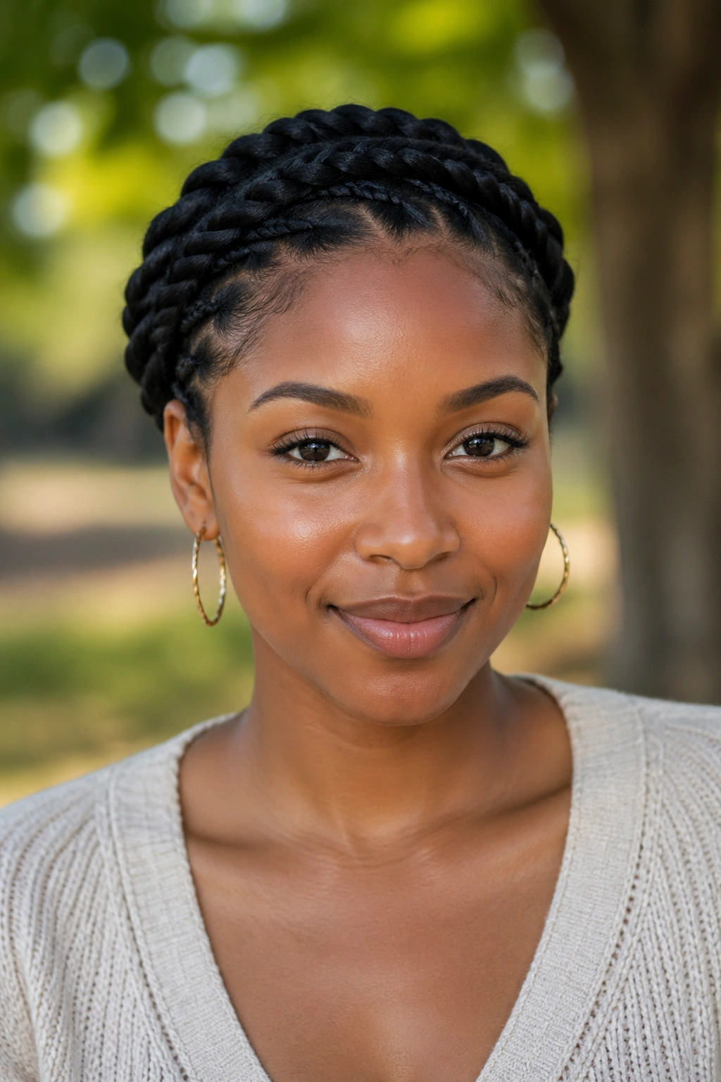 Front portrait showing crown and halo twists framing the face.