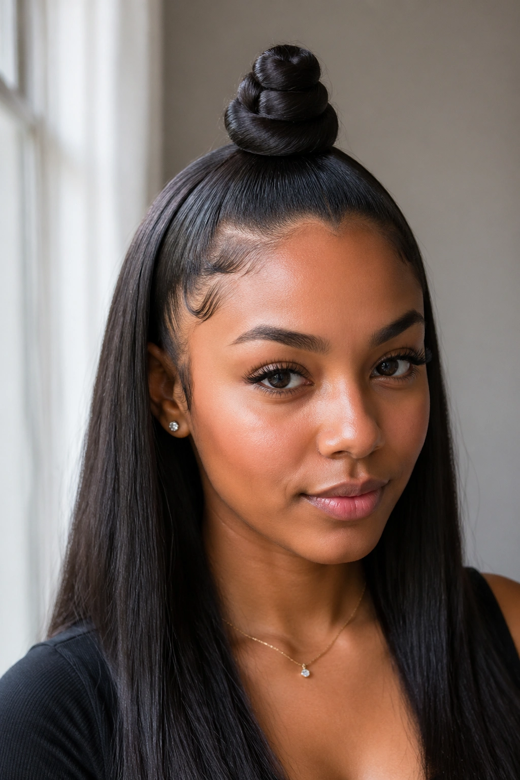 Real person with a single crown knot and sleek straight hair