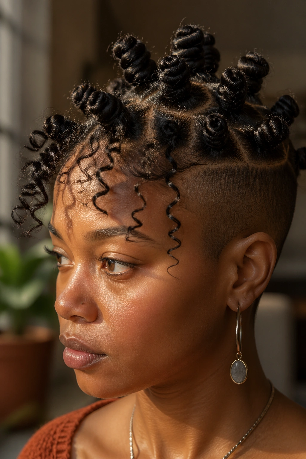 Portrait of a real person with crown knots, curly fringe, and shaved panels