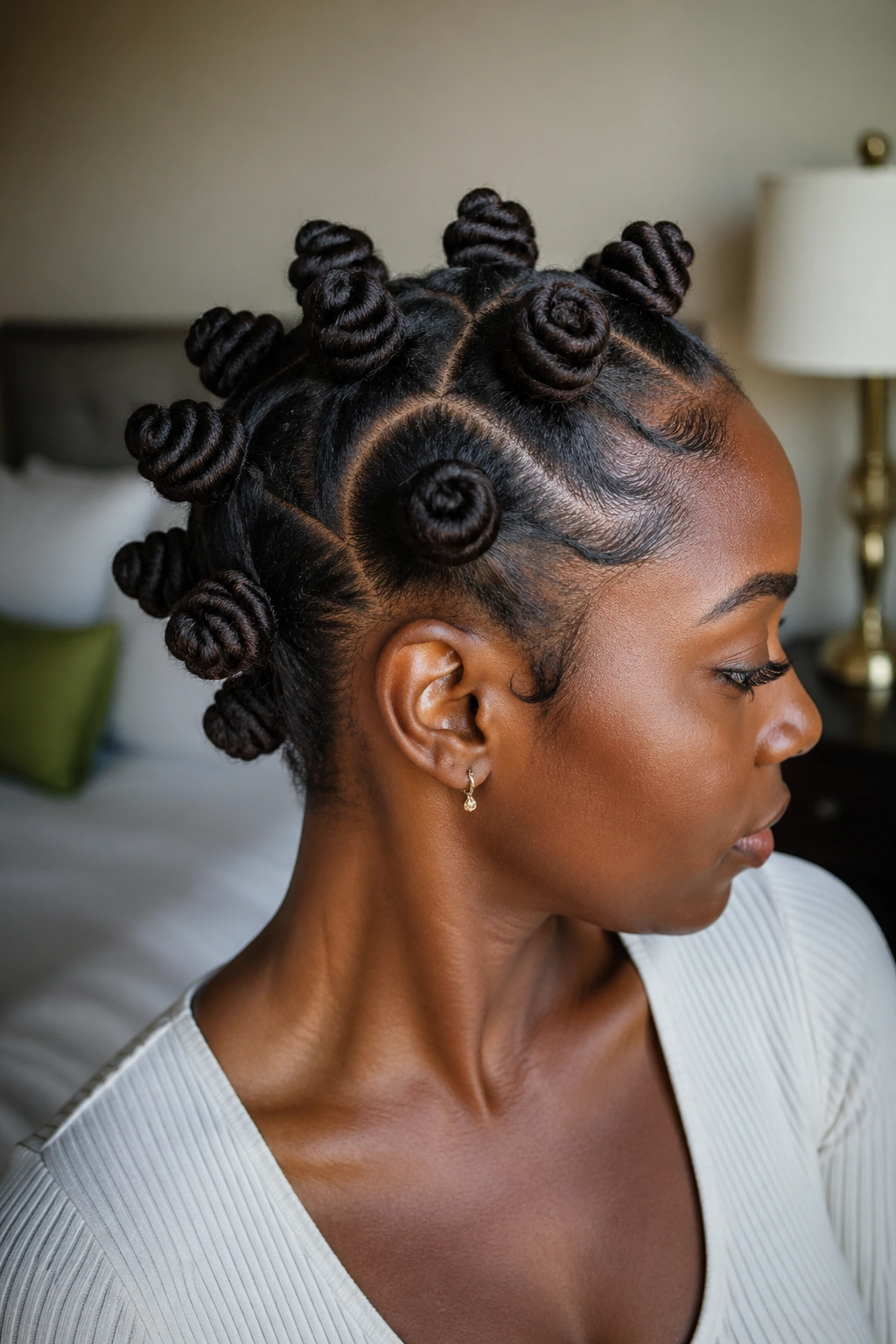 Crown-line medium Bantu knots forming a ring around crown on real person