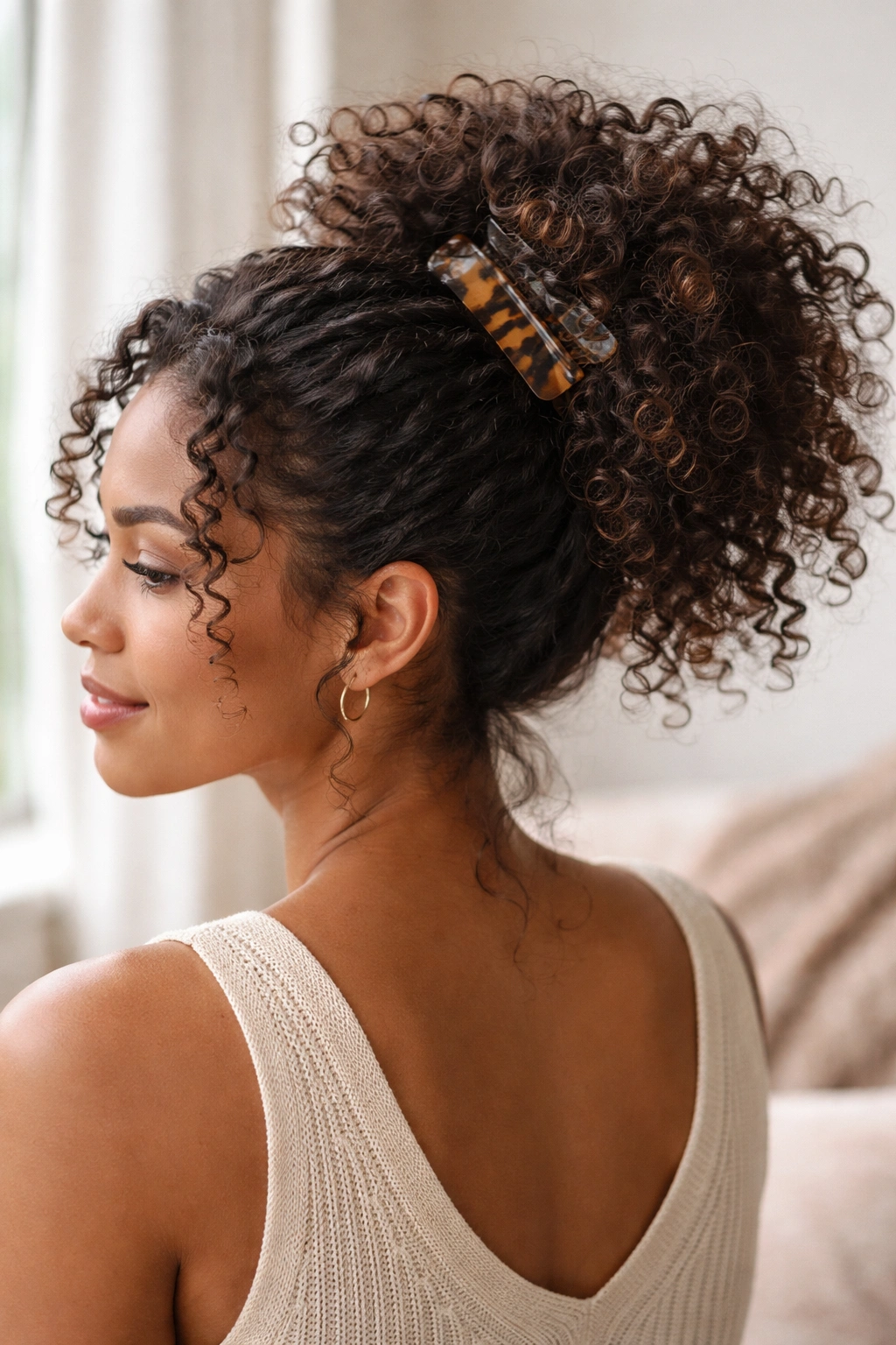 Top view of a loose crown puff with a clip securing the hair