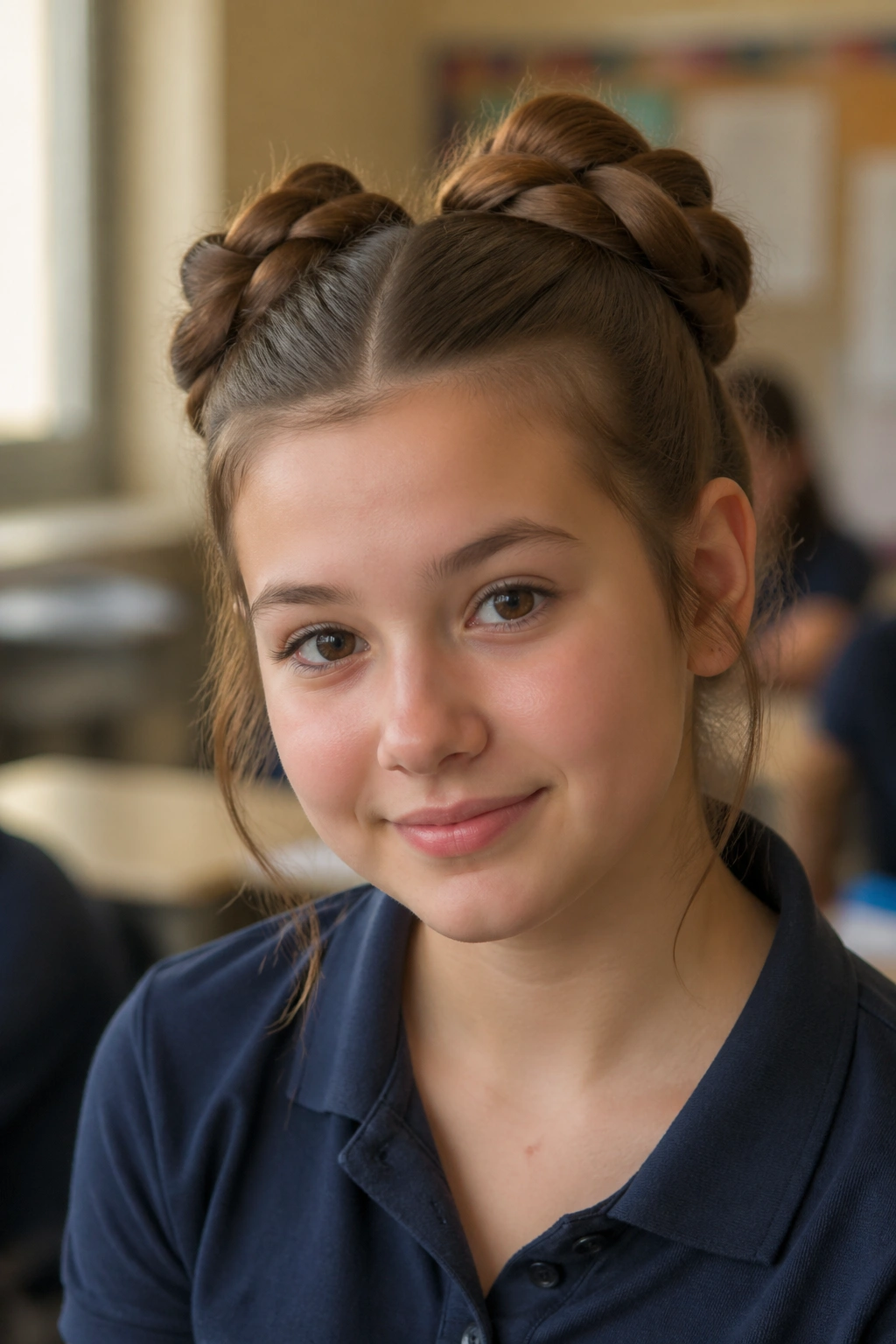 Close-up of a real student with crown-style double ponytails.