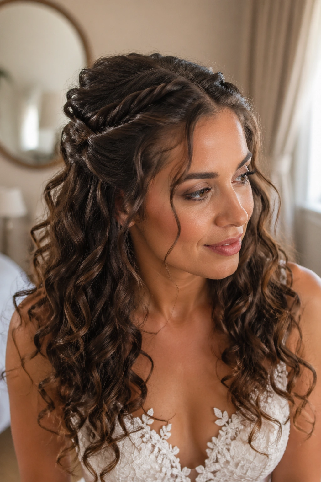 Close-up of a bride's crown twist half-up with loose curls in a bridal suite
