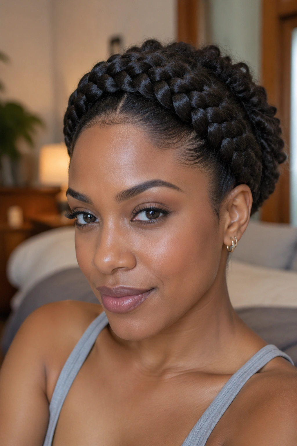 Close-up of a real woman wearing a crown twist around the head
