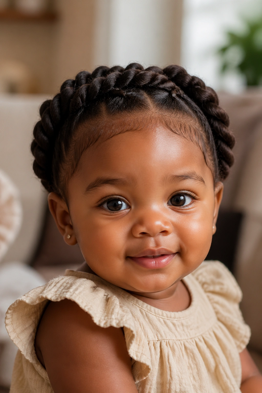 Baby girl with crown twists framing the hairline in a soft room.