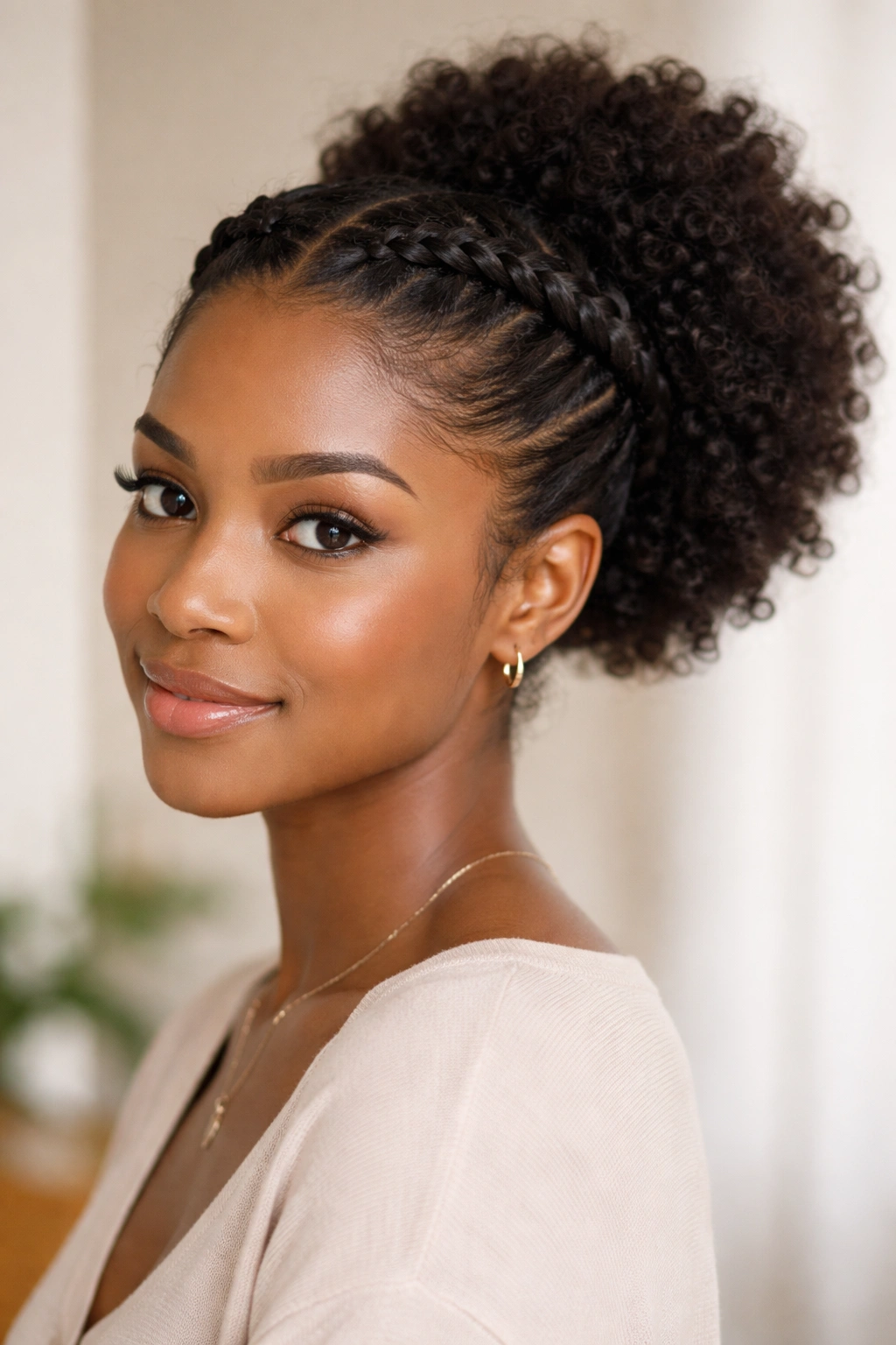 Close-up of crown twists pinned back into a puff, framing the face with back curls