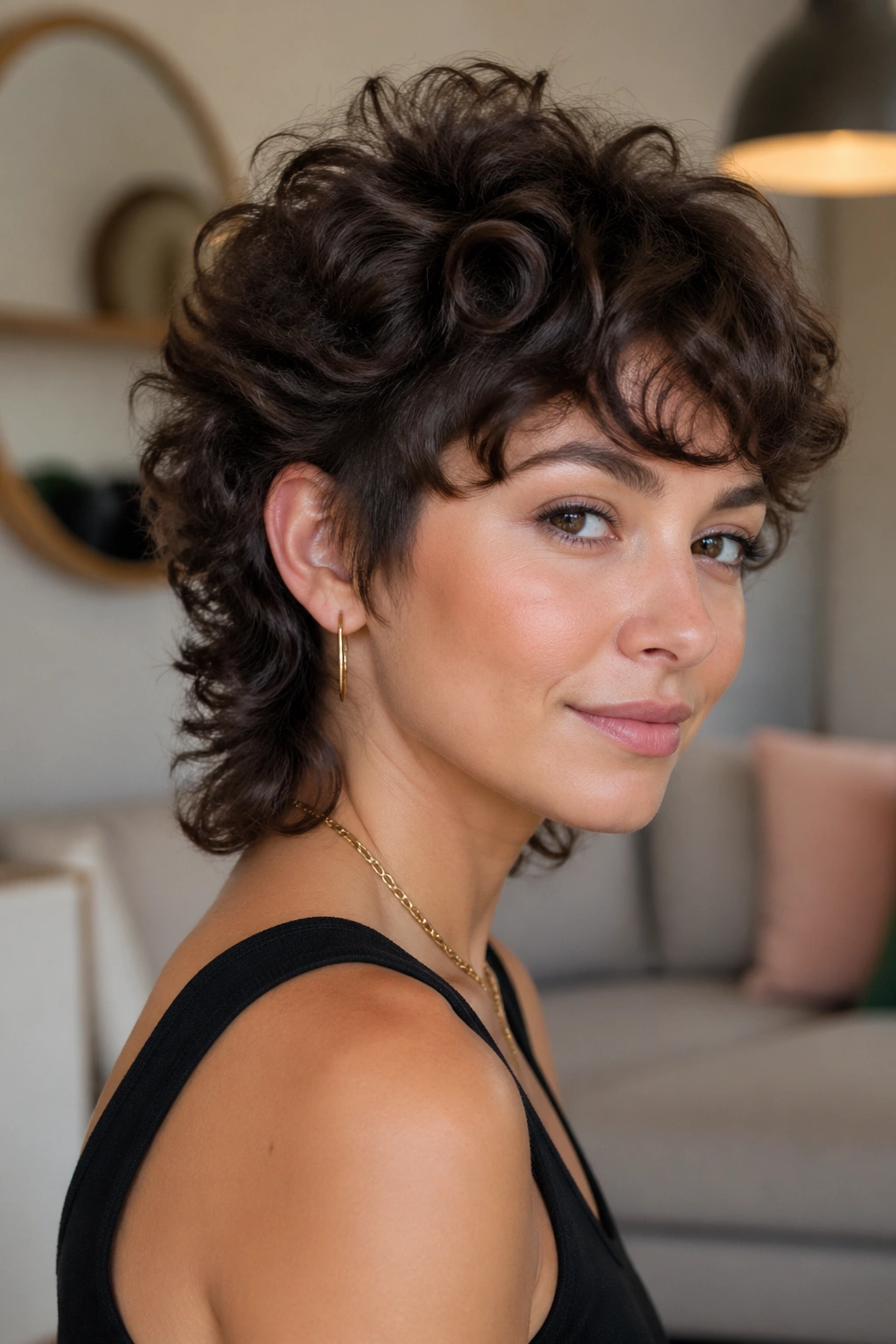 Close-up portrait of a real woman with crown-volume shag and tapered sides