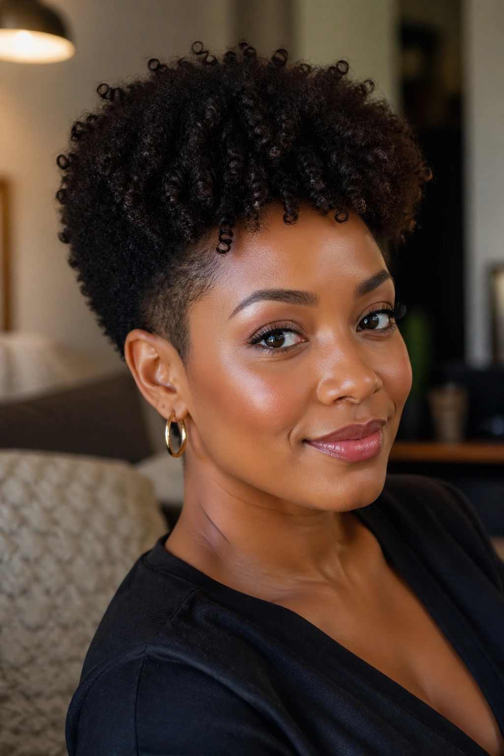 Close-up of a real woman with crown-volume curls and tapered sides.