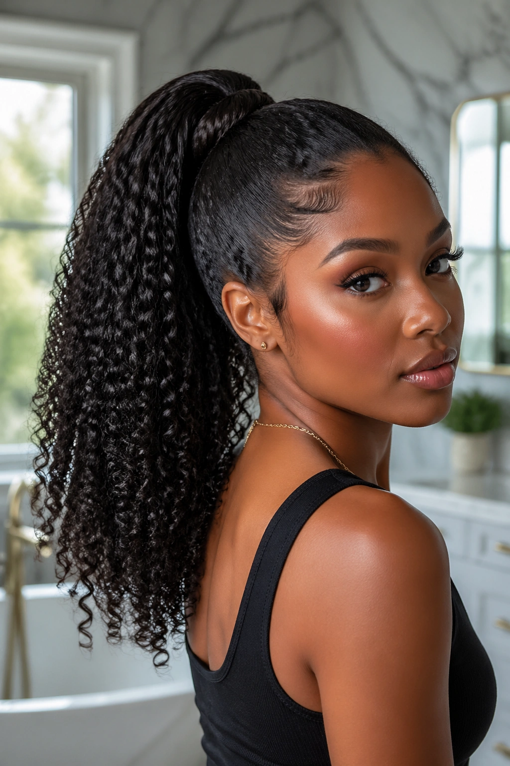 Close-up of a real woman with a crown wrap ponytail showing the hair-wrapped base