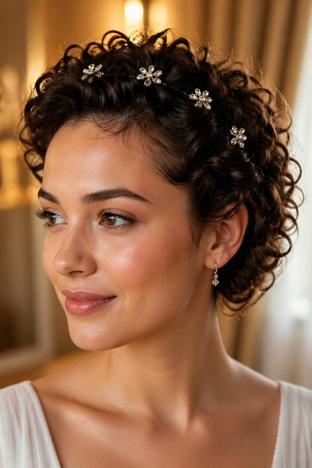 Close-up of a real person wearing crystal crown clips in short curls