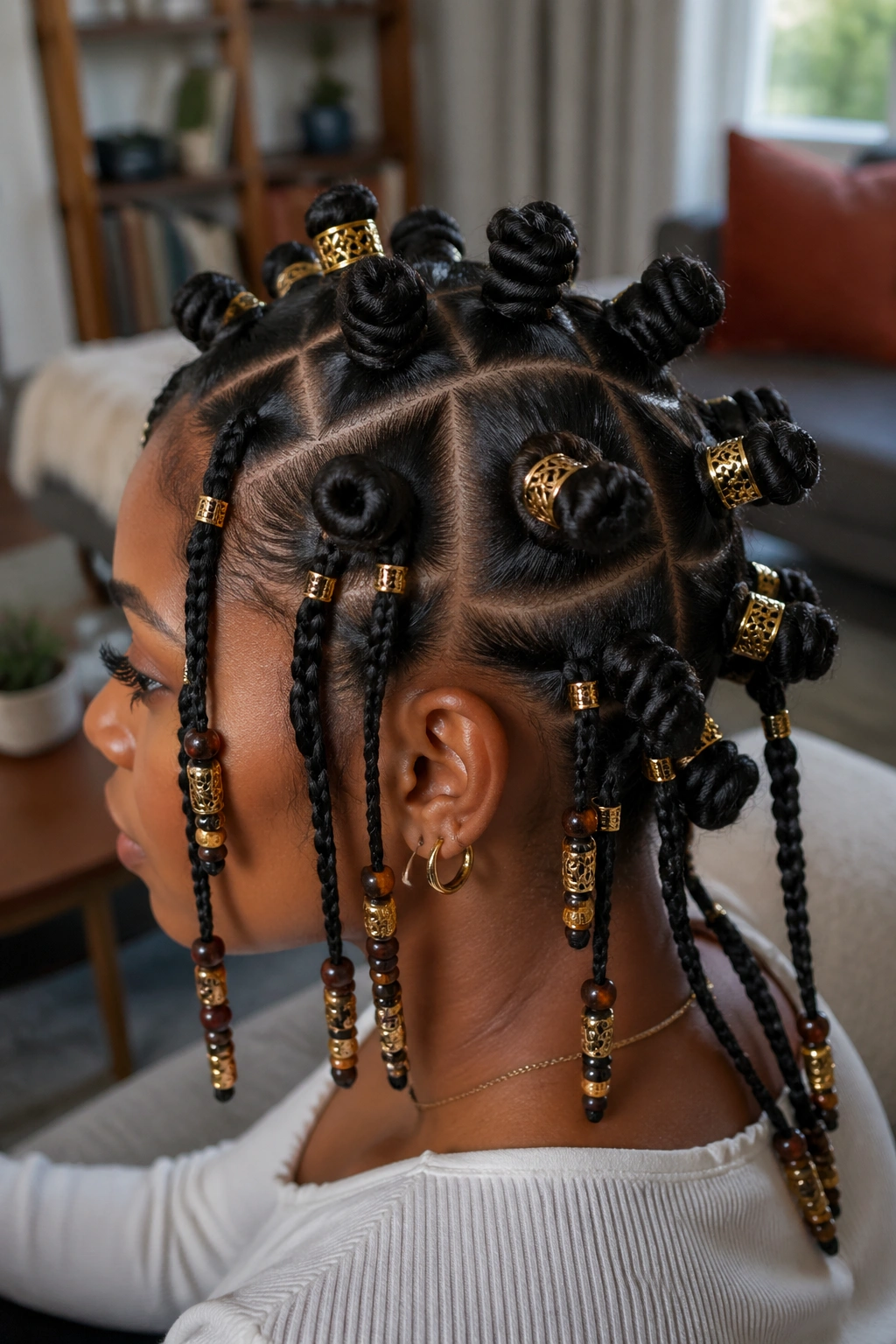 Close-up portrait of a real person with cuffs and beads on Bantu knots