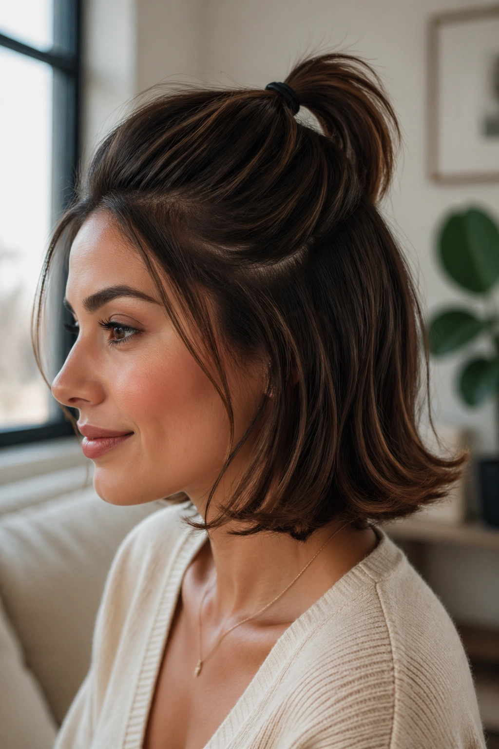 Close-up of curled-end half-up ponytail on a short bob