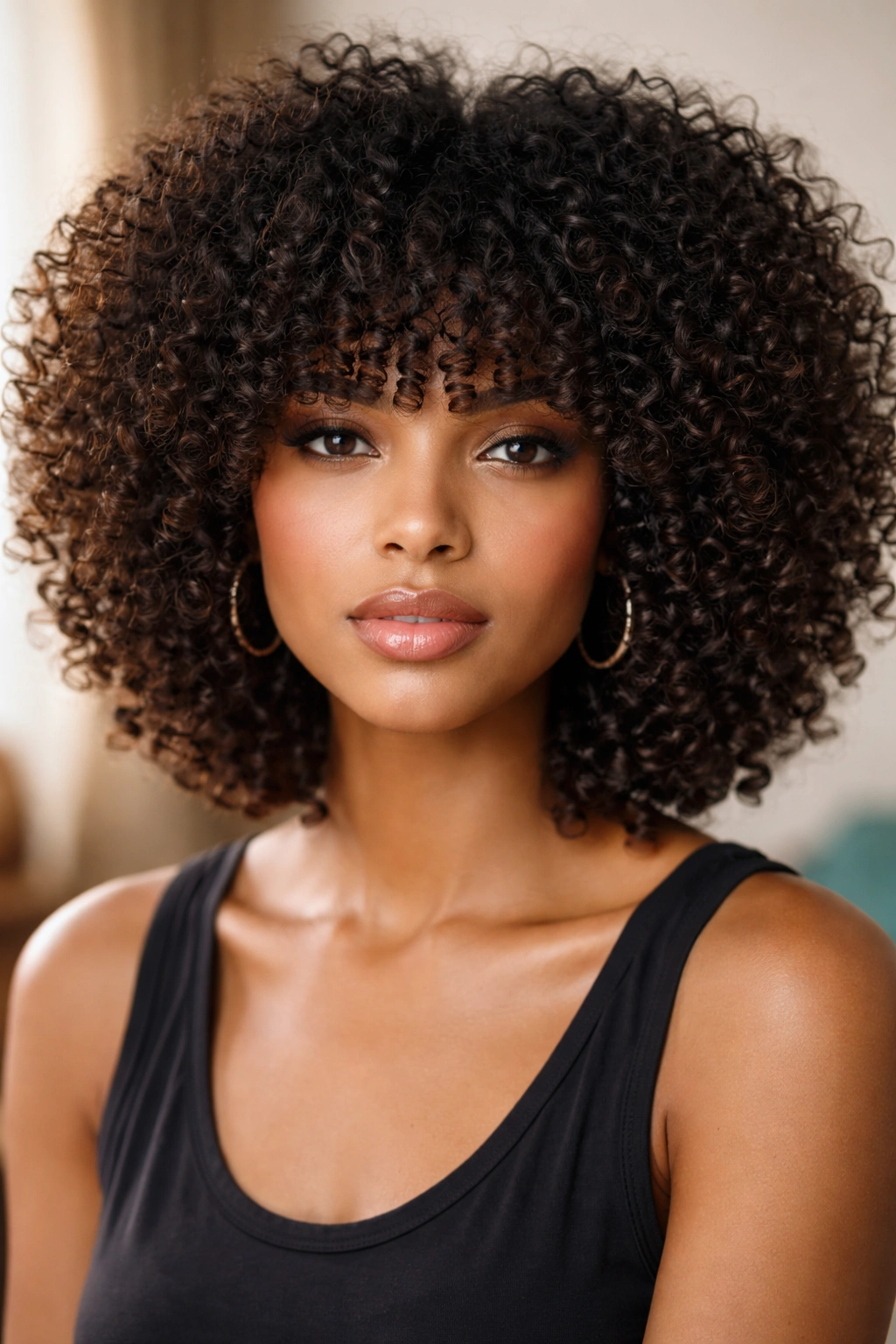 Curly afro with bangs showing dry-cut fringe at eyebrow level