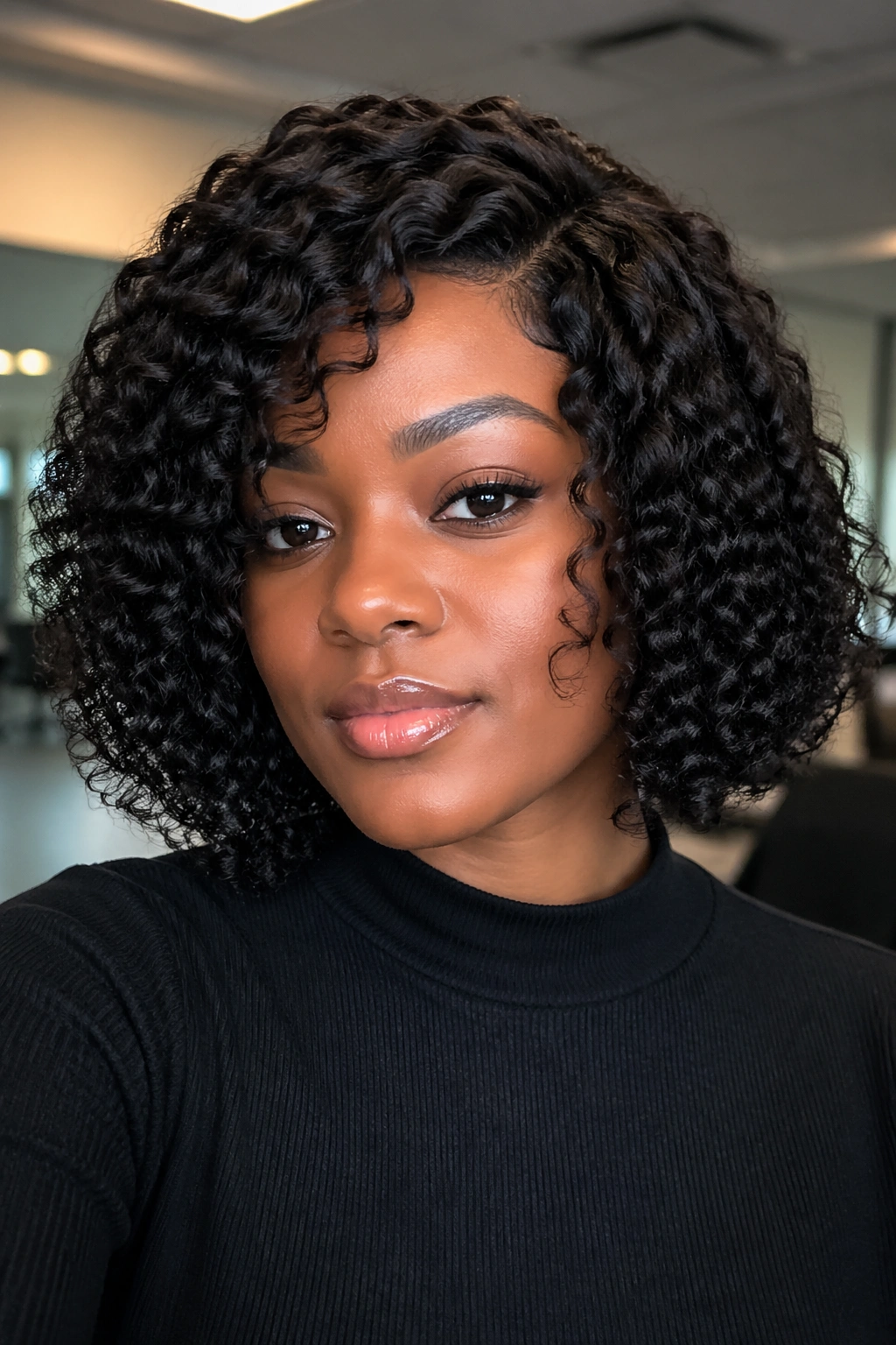 Real woman wearing a jaw-length curly Afro bob portrait