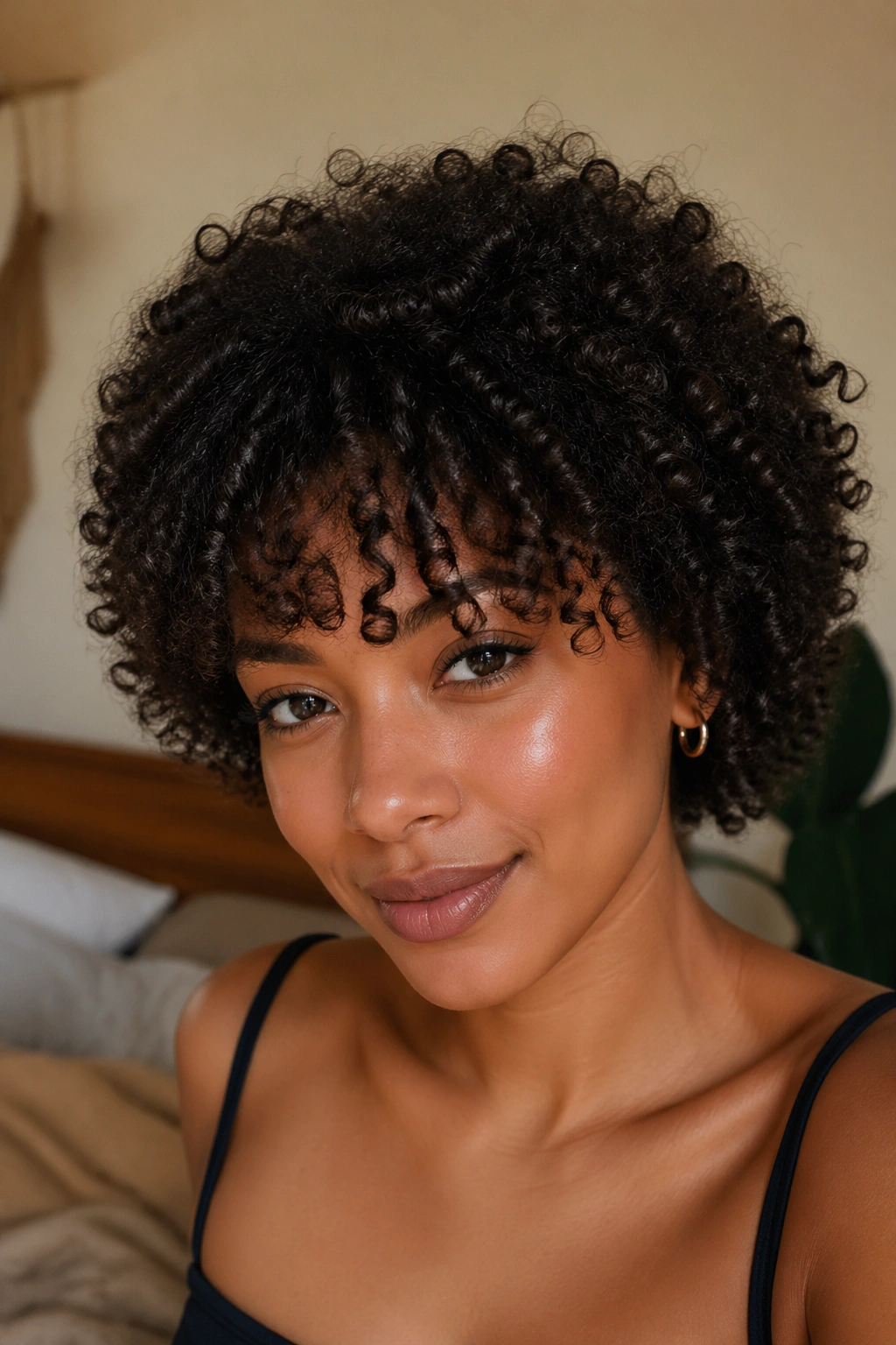 Close-up of a real woman with curly afro and soft bangs framing her eyes