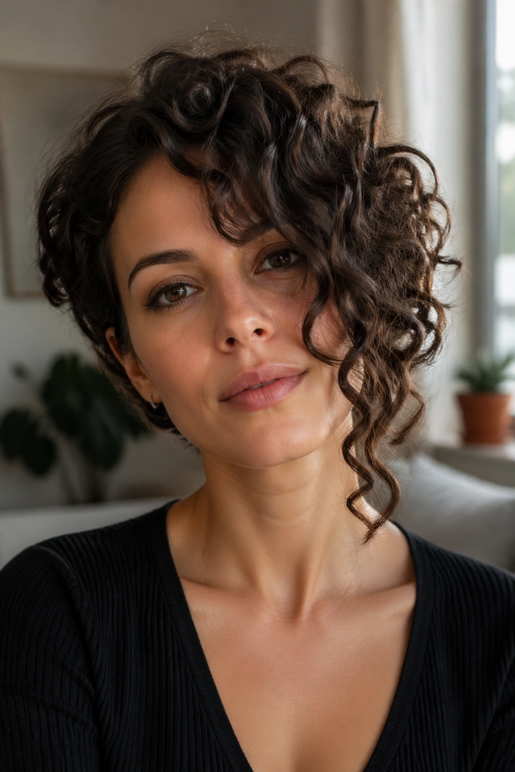 Close-up portrait of a real person with curly asymmetrical bob and longer front curl curtain.