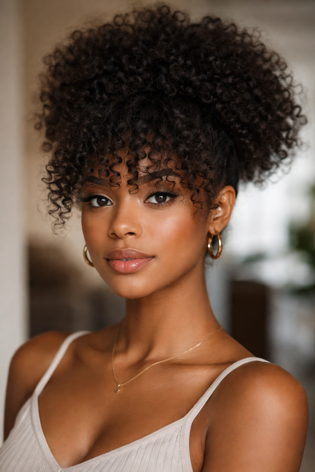 Curly bang puff on diamond face with forward-framing bangs
