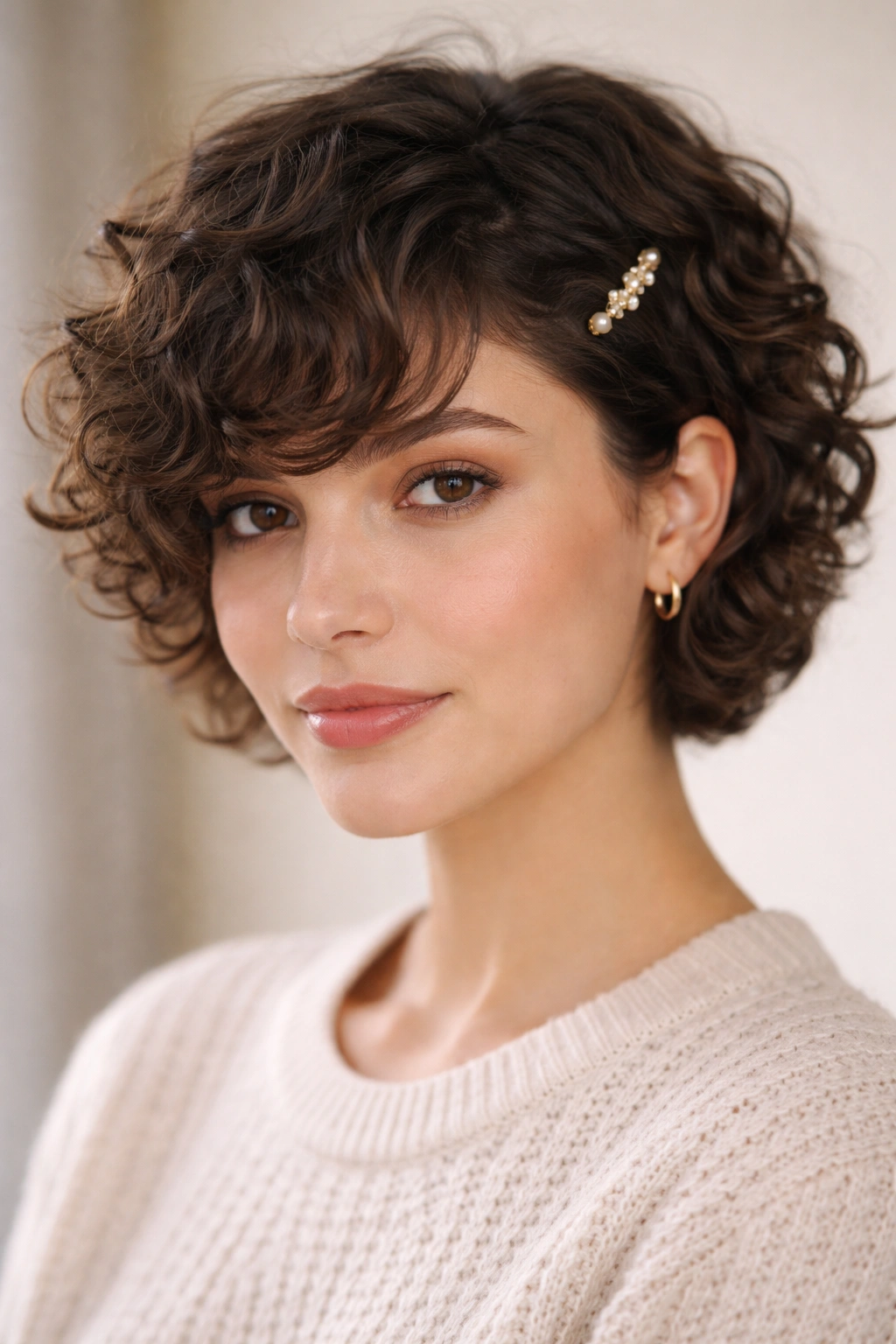 Close crop of curly bangs with a small barrette accent