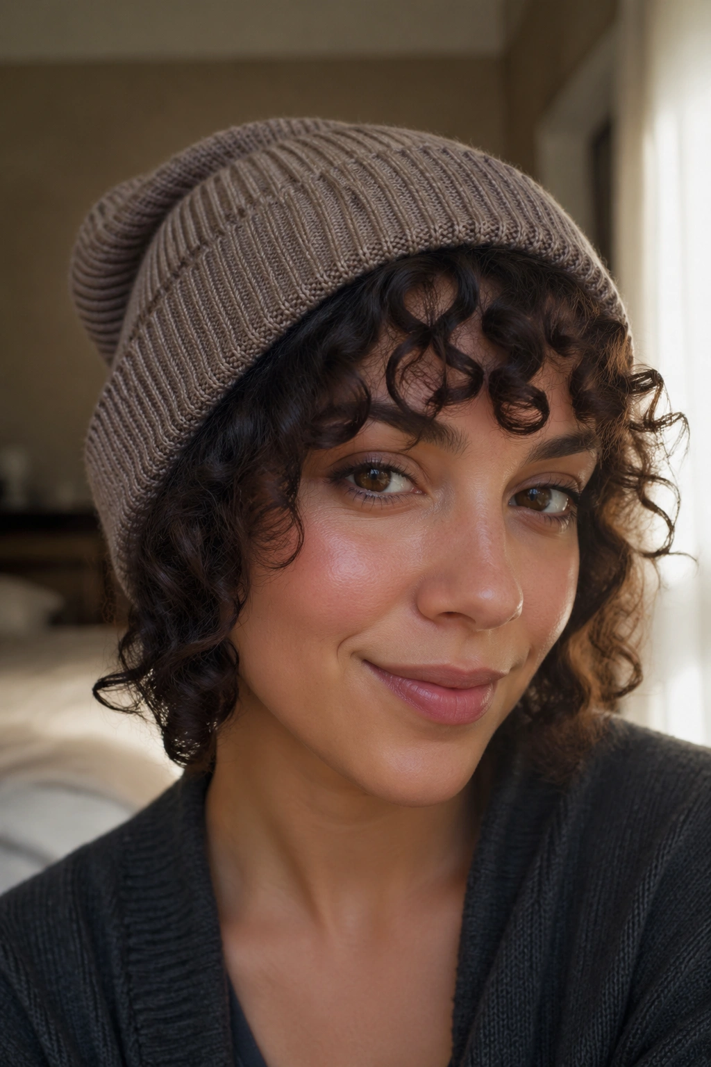 Curly bangs visible under a slouchy beanie on a real person.