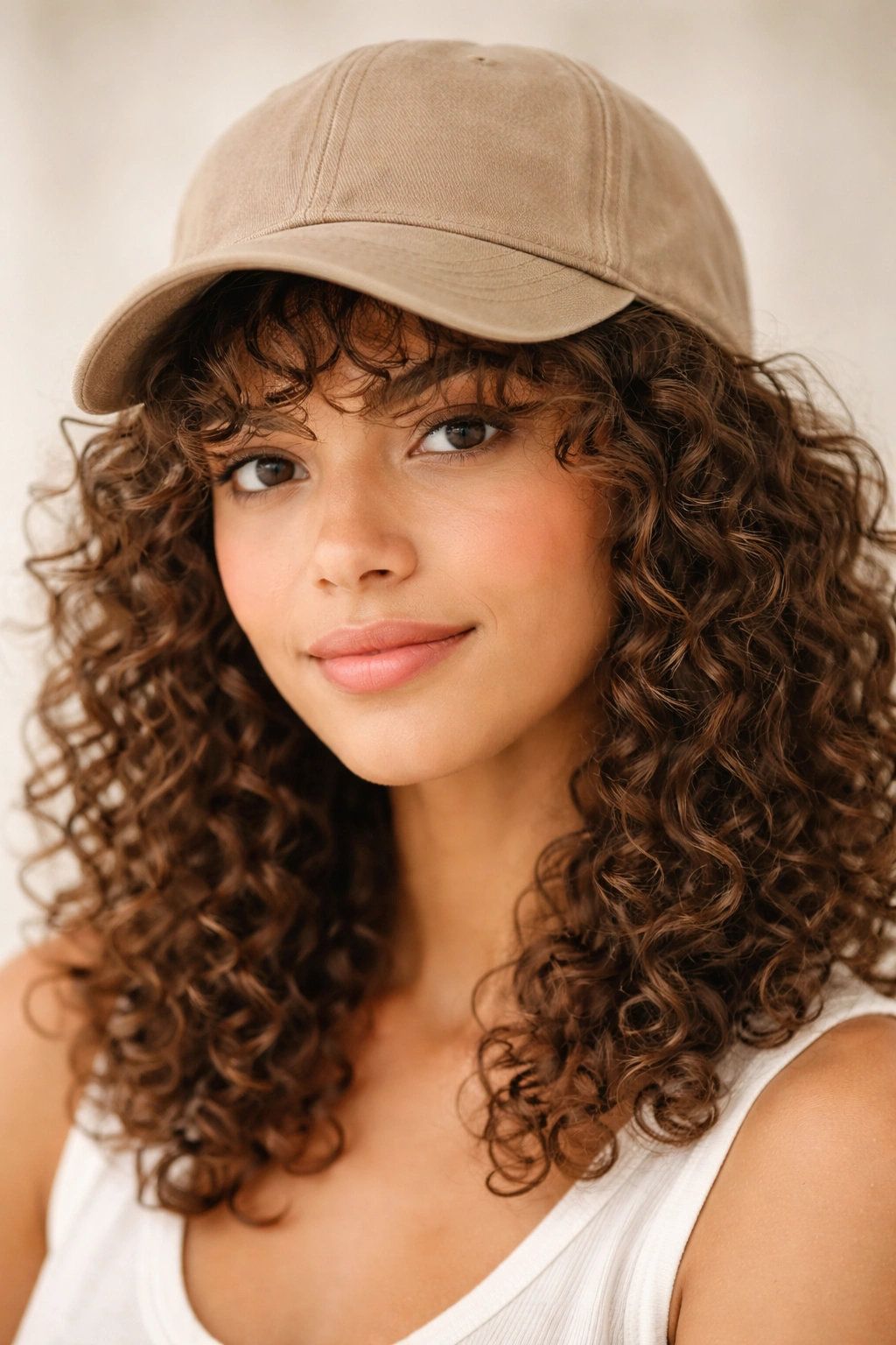 Curly bangs framing cap brim under soft front panel