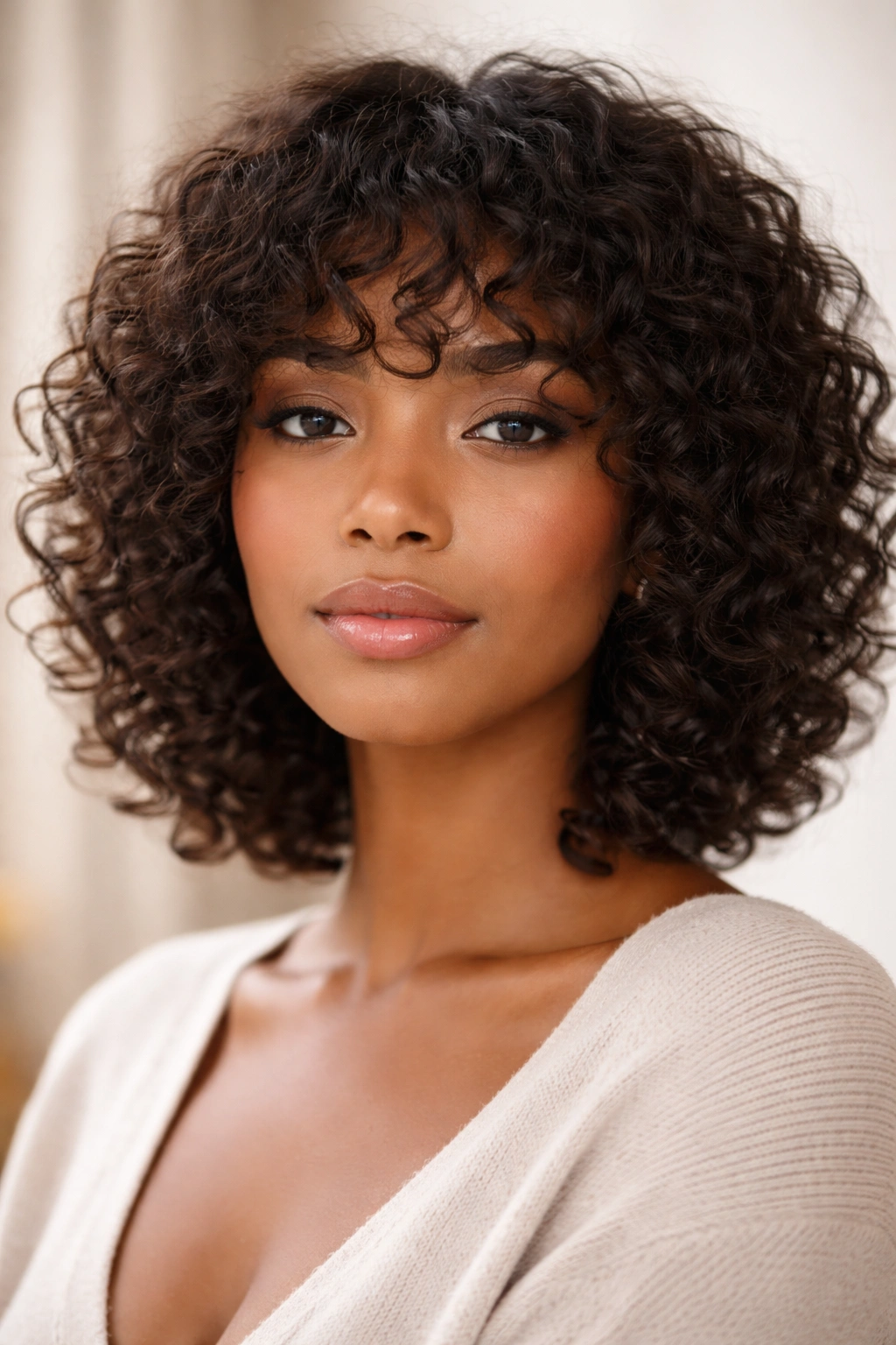 Close-up curly bangs with chin-grazing fringe blended with clip-in curls