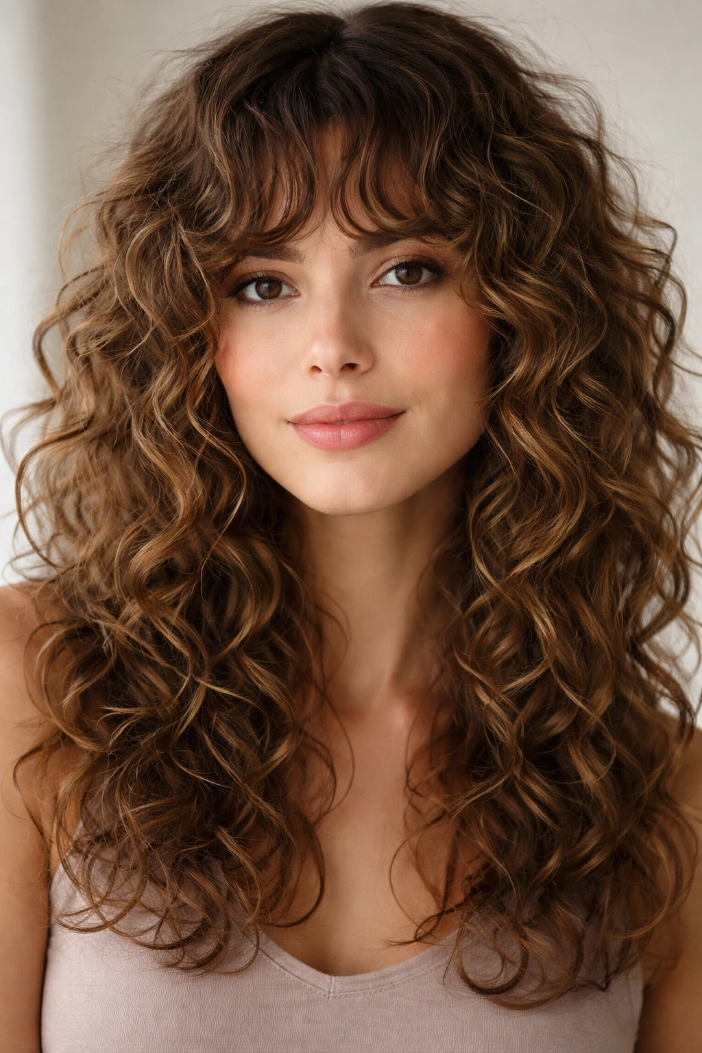 Close-up portrait of a person with curly bangs and loose layered curls framing the face