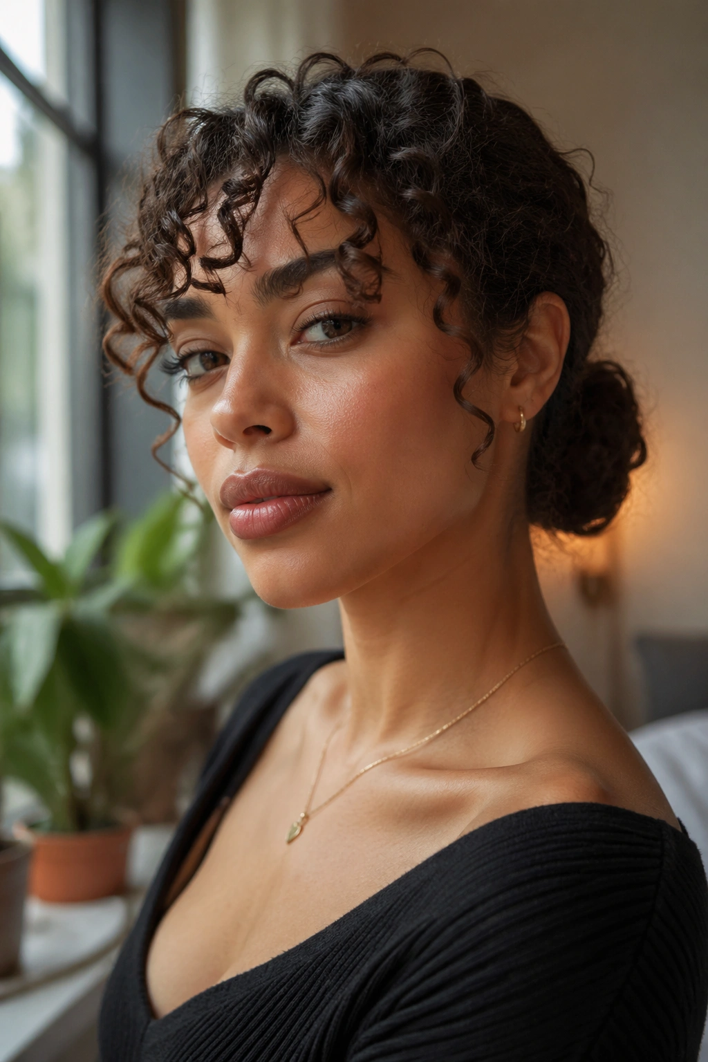 Close-up of a real woman with a low bun and curly bangs