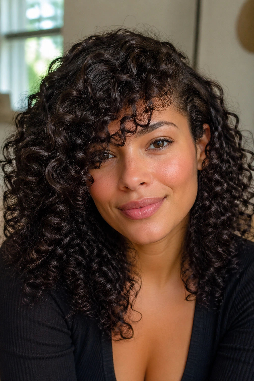 Real woman with side-swept curly bangs, hair swept to one side.