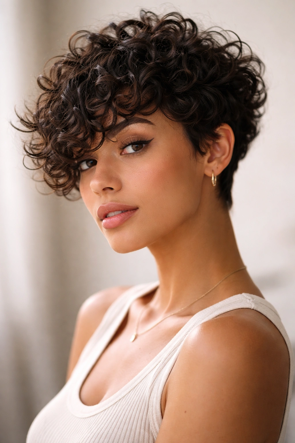 Curly bixie hairstyle with lifted crown and soft front curls