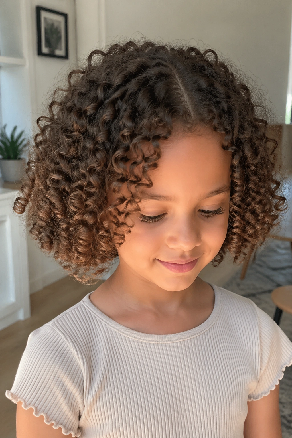Close-up of a child with a rounded curly bob.