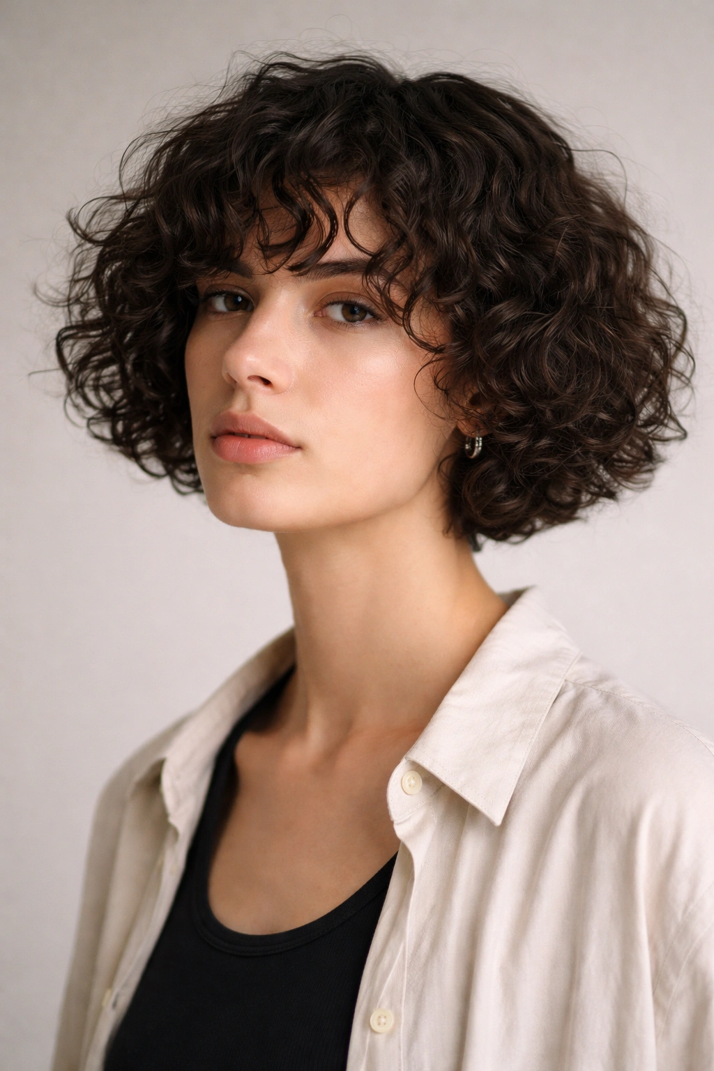 Portrait of curly jaw-length bob with squared perimeter for androgynous look
