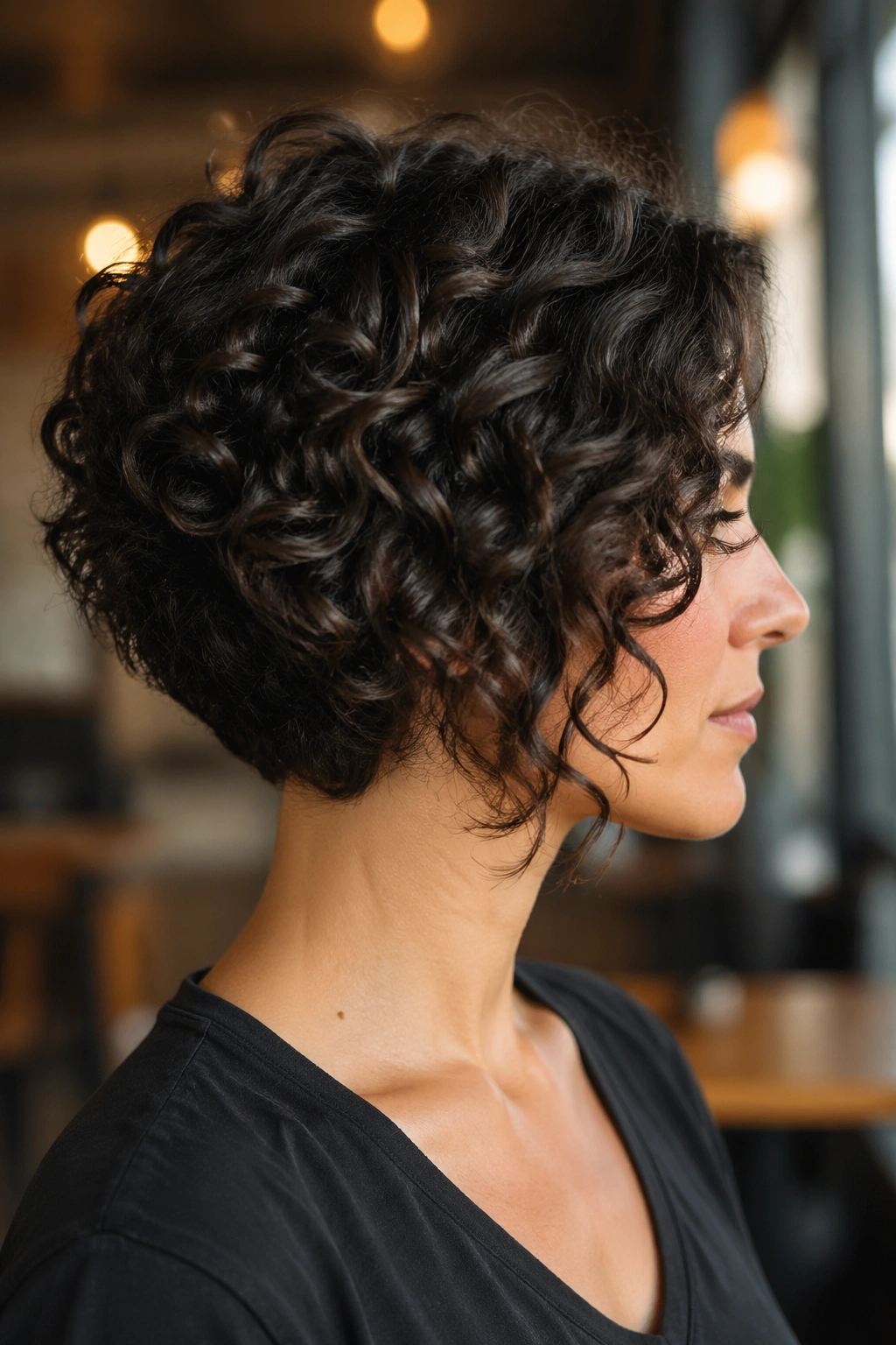 Side-profile of a real woman with an angled curly bob under cafe light