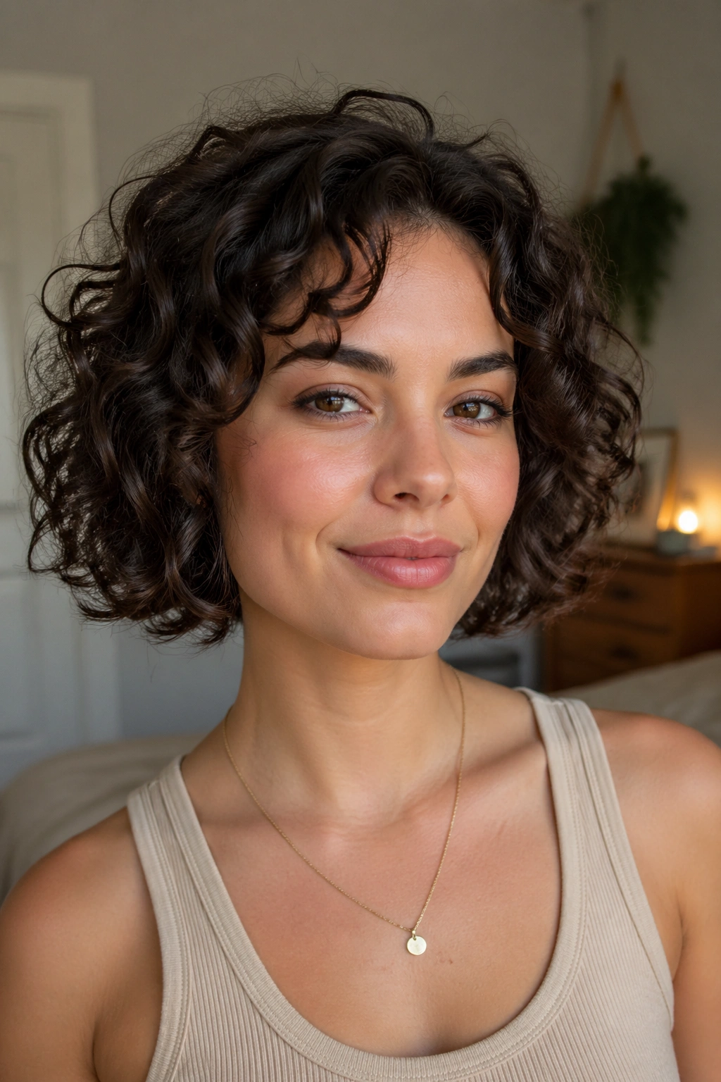 Close-up portrait of a real woman with a curly bob below the jaw, soft curls and warm window light