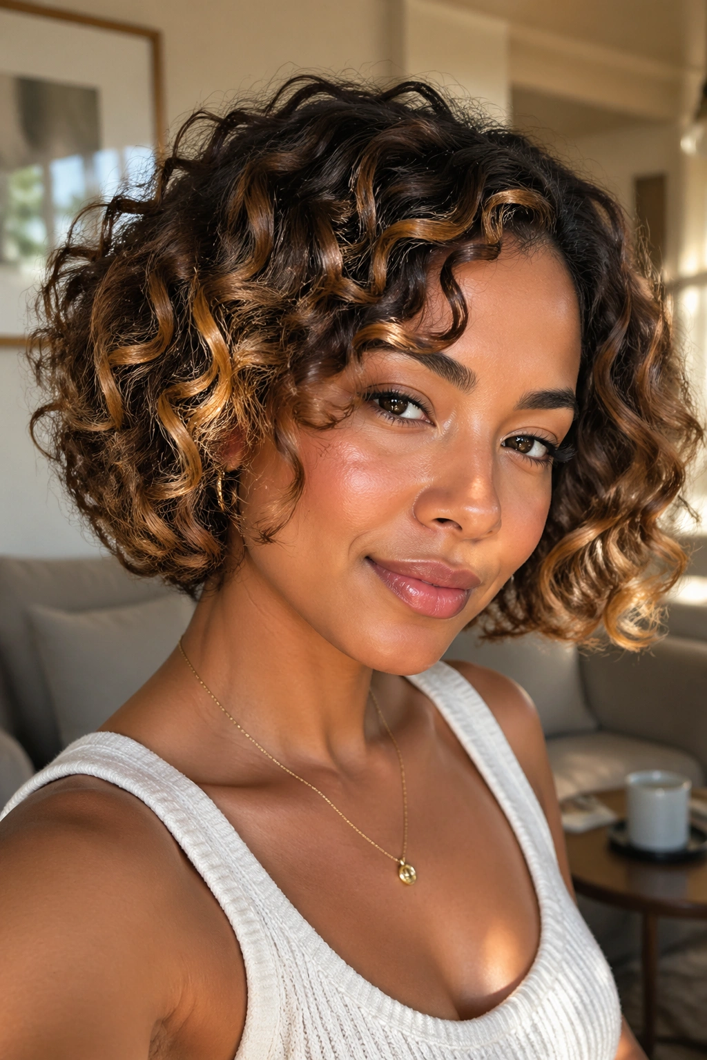 Close-up of a real woman with chin-length curly bob and caramel ribbon highlights